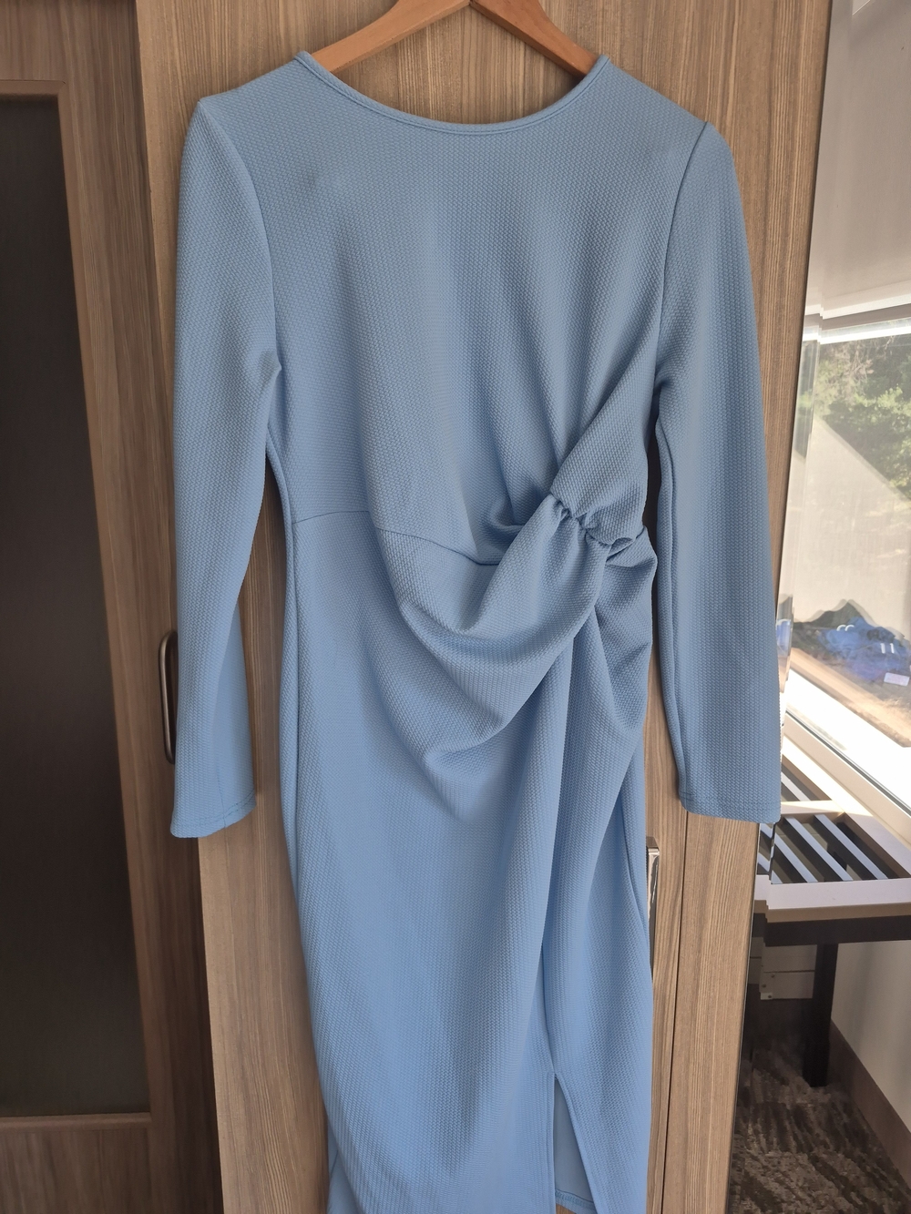 Elegant Light Blue Long Sleeve Twist-Detail Women's Dress